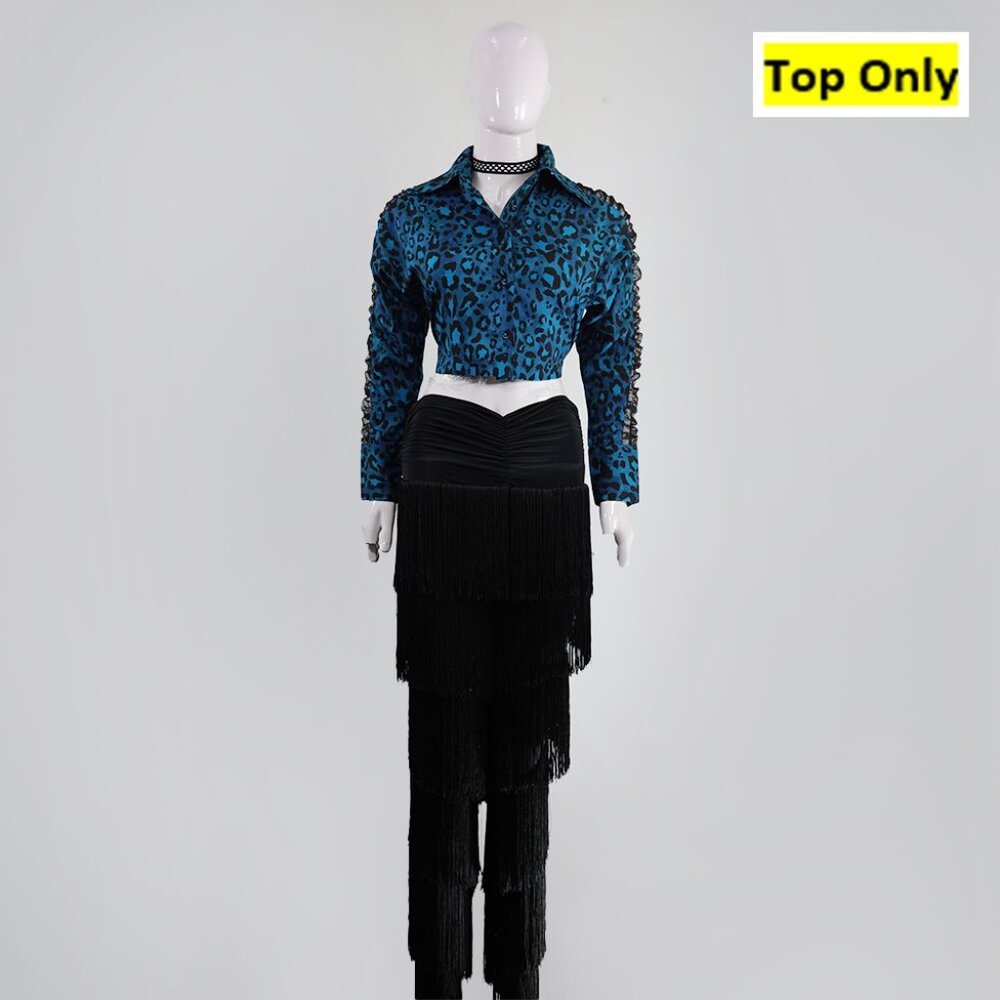 Blue Leopard Print Crop Top with Sheer Lace Sleeves